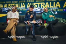 (L to R): Lewis Hamilton (GBR) Mercedes AMG F1; Max Verstappen (NLD) Red Bull Racing; and Fernando Alonso (ESP) Aston Martin F1 Team, in the post race FIA Press Conference. 02.04.2023. Formula 1 World Championship, Rd 3, Australian Grand Prix, Albert Park, Melbourne, Australia, Race Day.