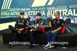 (L to R): George Russell (GBR), Mercedes AMG F1 Max Verstappen (NLD), Red Bull Racing Lewis Hamilton (GBR), Mercedes AMG F1, in the post qualifying FIA Press Conference. 01.04.2023. Formula 1 World Championship, Rd 3, Australian Grand Prix, Albert Park, Melbourne, Australia, Qualifying Day.