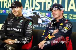 (L to R): George Russell (GBR), Mercedes AMG F1, and Max Verstappen (NLD), Red Bull Racing in the post qualifying FIA Press Conference. 01.04.2023. Formula 1 World Championship, Rd 3, Australian Grand Prix, Albert Park, Melbourne, Australia, Qualifying Day.