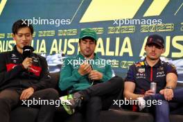 (L to R): Zhou Guanyu (CHN) Alfa Romeo F1 Team; Fernando Alonso (ESP) Aston Martin F1 Team; and Max Verstappen (NLD) Red Bull Racing, in the FIA Press Conference. 30.03.2023. Formula 1 World Championship, Rd 3, Australian Grand Prix, Albert Park, Melbourne, Australia, Preparation Day.