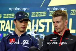 (L to R): Nyck de Vries (NLD) AlphaTauri and Nico Hulkenberg (GER) Haas F1 Team in the FIA Press Conference. 30.03.2023. Formula 1 World Championship, Rd 3, Australian Grand Prix, Albert Park, Melbourne, Australia, Preparation Day.