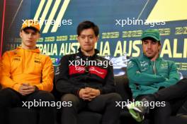 (L to R): Oscar Piastri (AUS) McLaren; Zhou Guanyu (CHN) Alfa Romeo F1 Team; and Fernando Alonso (ESP) Aston Martin F1 Team, in the FIA Press Conference. 30.03.2023. Formula 1 World Championship, Rd 3, Australian Grand Prix, Albert Park, Melbourne, Australia, Preparation Day.