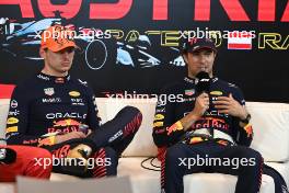 (L to R): Max Verstappen (NLD) Red Bull Racing and Sergio Perez (MEX) Red Bull Racing in the post race FIA Press Conference. 02.07.2023. Formula 1 World Championship, Rd 10, Austrian Grand Prix, Spielberg, Austria, Race Day.