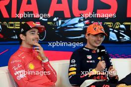 (L to R): Charles Leclerc (MON) Ferrari and Max Verstappen (NLD) Red Bull Racing in the post race FIA Press Conference. 02.07.2023. Formula 1 World Championship, Rd 10, Austrian Grand Prix, Spielberg, Austria, Race Day.