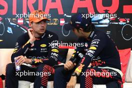 (L to R): Max Verstappen (NLD) Red Bull Racing and Sergio Perez (MEX) Red Bull Racing in the post race FIA Press Conference. 02.07.2023. Formula 1 World Championship, Rd 10, Austrian Grand Prix, Spielberg, Austria, Race Day.