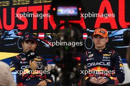 (L to R): Sergio Perez (MEX) Red Bull Racing and team mate Max Verstappen (NLD) Red Bull Racing in the post Sprint FIA Press Conference. 01.07.2023. Formula 1 World Championship, Rd 10, Austrian Grand Prix, Spielberg, Austria, Sprint Day.