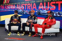 (L to R): Sergio Perez (MEX) Red Bull Racing; Max Verstappen (NLD) Red Bull Racing; and Carlos Sainz Jr (ESP) Ferrari, in the post Sprint FIA Press Conference. 01.07.2023. Formula 1 World Championship, Rd 10, Austrian Grand Prix, Spielberg, Austria, Sprint Day.