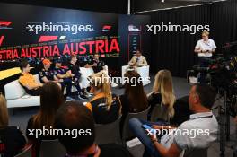 (L to R): Oscar Piastri (AUS) McLaren; Max Verstappen (NLD) Red Bull Racing; Nyck de Vries (NLD) AlphaTauri; Nico Hulkenberg (GER) Haas F1 Team; and George Russell (GBR) Mercedes AMG F1, in the FIA Press Conference. 29.06.2023. Formula 1 World Championship, Rd 10, Austrian Grand Prix, Spielberg, Austria, Preparation Day.