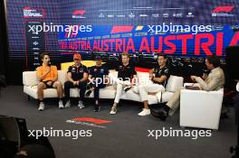 (L to R): Oscar Piastri (AUS) McLaren; Max Verstappen (NLD) Red Bull Racing; Nyck de Vries (NLD) AlphaTauri; Nico Hulkenberg (GER) Haas F1 Team; and George Russell (GBR) Mercedes AMG F1, in the FIA Press Conference. 29.06.2023. Formula 1 World Championship, Rd 10, Austrian Grand Prix, Spielberg, Austria, Preparation Day.