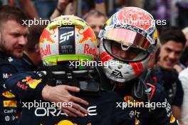 (L to R): Race winner Sergio Perez (MEX) Red Bull Racing celebrates with second placed team mate Max Verstappen (NLD) Red Bull Racing in parc ferme. 30.04.2023. Formula 1 World Championship, Rd 4, Azerbaijan Grand Prix, Baku Street Circuit, Azerbaijan, Race Day.