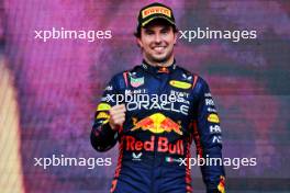 Race winner Sergio Perez (MEX) Red Bull Racing celebrates on the podium. 30.04.2023. Formula 1 World Championship, Rd 4, Azerbaijan Grand Prix, Baku Street Circuit, Azerbaijan, Race Day.