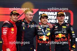 The podium (L to R): Charles Leclerc (MON) Ferrari, third; Sergio Perez (MEX) Red Bull Racing, race winner; Max Verstappen (NLD) Red Bull Racing, second. 30.04.2023. Formula 1 World Championship, Rd 4, Azerbaijan Grand Prix, Baku Street Circuit, Azerbaijan, Race Day.