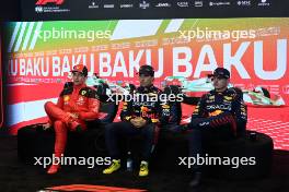 (L to R): Charles Leclerc (MON) Ferrari; Sergio Perez (MEX) Red Bull Racing; and Max Verstappen (NLD) Red Bull Racing, in the post Sprint race FIA Press Conference. 29.04.2023. Formula 1 World Championship, Rd 4, Azerbaijan Grand Prix, Baku Street Circuit, Azerbaijan, Sprint Day.