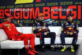 (L to R): Charles Leclerc (MON) Ferrari; Max Verstappen (NLD) Red Bull Racing; and Sergio Perez (MEX) Red Bull Racing, in the post qualifying FIA Press Conference. 28.07.2023. Formula 1 World Championship, Rd 13, Belgian Grand Prix, Spa Francorchamps, Belgium, Qualifying Day.