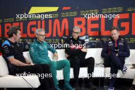 (L to R): Bruno Famin (FRA) Alpine Motorsports Vice President; Mike Krack (LUX) Aston Martin F1 Team, Team Principal; Alessandro Alunni Bravi (ITA) Alfa Romeo F1 Team Managing Director and Team Representative; and Christian Horner (GBR) Red Bull Racing Team Principal, in the FIA Press Conference. 28.07.2023. Formula 1 World Championship, Rd 13, Belgian Grand Prix, Spa Francorchamps, Belgium, Qualifying Day.