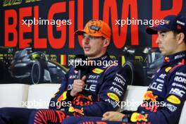 (L to R): Max Verstappen (NLD) Red Bull Racing and Sergio Perez (MEX) Red Bull Racing in the post qualifying FIA Press Conference. 28.07.2023. Formula 1 World Championship, Rd 13, Belgian Grand Prix, Spa Francorchamps, Belgium, Qualifying Day.
