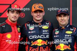 Qualifying top three in parc ferme (L to R): Charles Leclerc (MON) Ferrari, second; Max Verstappen (NLD) Red Bull Racing, pole position; Sergio Perez (MEX) Red Bull Racing, third. 28.07.2023. Formula 1 World Championship, Rd 13, Belgian Grand Prix, Spa Francorchamps, Belgium, Qualifying Day.
