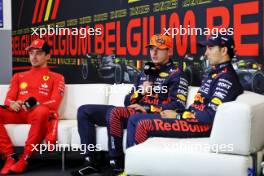 (L to R): Charles Leclerc (MON) Ferrari; Max Verstappen (NLD) Red Bull Racing; and Sergio Perez (MEX) Red Bull Racing, in the post qualifying FIA Press Conference. 28.07.2023. Formula 1 World Championship, Rd 13, Belgian Grand Prix, Spa Francorchamps, Belgium, Qualifying Day.