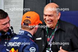 Antonio Perez (MEX) with Max Verstappen (NLD) Red Bull Racing in qualifying parc ferme. 28.07.2023. Formula 1 World Championship, Rd 13, Belgian Grand Prix, Spa Francorchamps, Belgium, Qualifying Day.