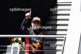 Sergio Perez (MEX) Red Bull Racing celebrates his second position on the podium. 30.07.2023. Formula 1 World Championship, Rd 13, Belgian Grand Prix, Spa Francorchamps, Belgium, Race Day.