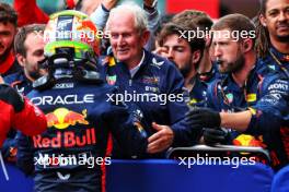 Sergio Perez (MEX) Red Bull Racing celebrates his second position in parc ferme with Dr Helmut Marko (AUT) Red Bull Motorsport Consultant. 30.07.2023. Formula 1 World Championship, Rd 13, Belgian Grand Prix, Spa Francorchamps, Belgium, Race Day.