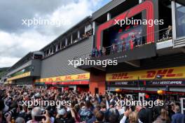 The podium (L to R): Sergio Perez (MEX) Red Bull Racing, second; Max Verstappen (NLD) Red Bull Racing, race winner; Charles Leclerc (MON) Ferrari, third. 30.07.2023. Formula 1 World Championship, Rd 13, Belgian Grand Prix, Spa Francorchamps, Belgium, Race Day.