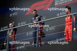 The podium (L to R): Sergio Perez (MEX) Red Bull Racing, second; Max Verstappen (NLD) Red Bull Racing, race winner; Charles Leclerc (MON) Ferrari, third. 30.07.2023. Formula 1 World Championship, Rd 13, Belgian Grand Prix, Spa Francorchamps, Belgium, Race Day.