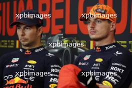 (L to R): Sergio Perez (MEX) Red Bull Racing and Max Verstappen (NLD) Red Bull Racing in the post race FIA Press Conference. 30.07.2023. Formula 1 World Championship, Rd 13, Belgian Grand Prix, Spa Francorchamps, Belgium, Race Day.