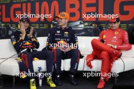 (L to R): Sergio Perez (MEX) Red Bull Racing; Max Verstappen (NLD) Red Bull Racing; and Charles Leclerc (MON) Ferrari, in the post race FIA Press Conference. 30.07.2023. Formula 1 World Championship, Rd 13, Belgian Grand Prix, Spa Francorchamps, Belgium, Race Day.