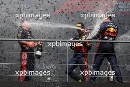 The podium (L to R): Greg Reeson (GBR) Red Bull Racing Tyre Technician; Sergio Perez (MEX) Red Bull Racing, second; Max Verstappen (NLD) Red Bull Racing, race winner. 30.07.2023. Formula 1 World Championship, Rd 13, Belgian Grand Prix, Spa Francorchamps, Belgium, Race Day.