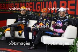 (L to R): Oscar Piastri (AUS) McLaren; Max Verstappen (NLD) Red Bull Racing; and Pierre Gasly (FRA) Alpine F1 Team, in the post Sprint FIA Press Conference. 29.07.2023. Formula 1 World Championship, Rd 13, Belgian Grand Prix, Spa Francorchamps, Belgium, Sprint Day.