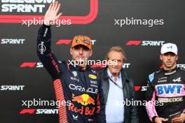 (L to R): Sprint winner Max Verstappen (NLD) Red Bull Racing celebrates in parc ferme with Jacky Ickx (BEL). 29.07.2023. Formula 1 World Championship, Rd 13, Belgian Grand Prix, Spa Francorchamps, Belgium, Sprint Day.