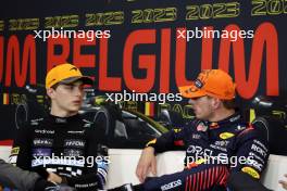 (L to R): Oscar Piastri (AUS) McLaren and Max Verstappen (NLD) Red Bull Racing in the post Sprint FIA Press Conference. 29.07.2023. Formula 1 World Championship, Rd 13, Belgian Grand Prix, Spa Francorchamps, Belgium, Sprint Day.