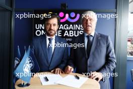 (L to R): Mohammed Bin Sulayem (UAE) FIA President with Jorge Viegas (ESP) FIM President - united against online abuse. 30.07.2023. Formula 1 World Championship, Rd 13, Belgian Grand Prix, Spa Francorchamps, Belgium, Race Day.