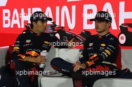 (L to R): Sergio Perez (MEX) Red Bull Racing and team mate Max Verstappen (NLD) Red Bull Racing in the post race FIA Press Conference. 05.03.2023. Formula 1 World Championship, Rd 1, Bahrain Grand Prix, Sakhir, Bahrain, Race Day.
