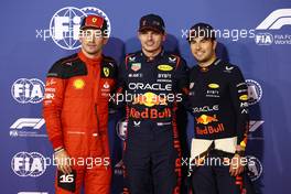 Qualifying top three in parc ferme (L to R): Charles Leclerc (MON) Ferrari, third; Max Verstappen (NLD) Red Bull Racing, pole position; Sergio Perez (MEX) Red Bull Racing, second. 04.03.2023. Formula 1 World Championship, Rd 1, Bahrain Grand Prix, Sakhir, Bahrain, Qualifying Day.