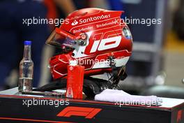 The helmet of Charles Leclerc (MON) Ferrari in parc ferme. 04.03.2023. Formula 1 World Championship, Rd 1, Bahrain Grand Prix, Sakhir, Bahrain, Qualifying Day.