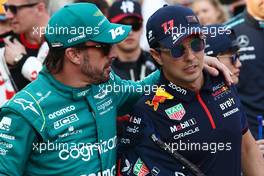(L to R): Fernando Alonso (ESP) Aston Martin F1 Team and Sergio Perez (MEX) Red Bull Racing on the drivers' parade. 05.03.2023. Formula 1 World Championship, Rd 1, Bahrain Grand Prix, Sakhir, Bahrain, Race Day.