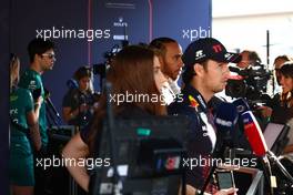 Lewis Hamilton (GBR) Mercedes AMG F1 and Sergio Perez (MEX) Red Bull Racing with the media. 02.03.2023. Formula 1 World Championship, Rd 1, Bahrain Grand Prix, Sakhir, Bahrain, Preparation Day.