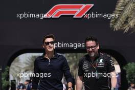 (L to R): George Russell (GBR) Mercedes AMG F1 with Gwen Lagrue, Head of Mercedes AMG Driver Development. 02.03.2023. Formula 1 World Championship, Rd 1, Bahrain Grand Prix, Sakhir, Bahrain, Preparation Day.