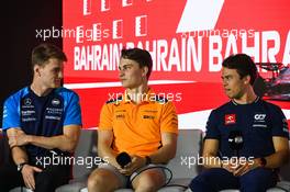 (L to R): Logan Sargeant (USA) Williams Racing; Oscar Piastri (AUS) McLaren; and Nyck de Vries (NLD) AlphaTauri, in the FIA Press Conference. 02.03.2023. Formula 1 World Championship, Rd 1, Bahrain Grand Prix, Sakhir, Bahrain, Preparation Day.