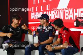 (L to R): Pierre Gasly (FRA) Alpine F1 Team; Max Verstappen (NLD) Red Bull Racing; and Charles Leclerc (MON) Ferrari, in the FIA Press Conference. 02.03.2023. Formula 1 World Championship, Rd 1, Bahrain Grand Prix, Sakhir, Bahrain, Preparation Day.