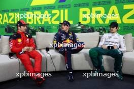 (L to R): Charles Leclerc (MON) Ferrari; Max Verstappen (NLD) Red Bull Racing; and Lance Stroll (CDN) Aston Martin F1 Team, in the post qualifying FIA Press Conference. 03.11.2023. Formula 1 World Championship, Rd 21, Brazilian Grand Prix, Sao Paulo, Brazil, Qualifying Day.