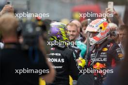 (L to R): Lewis Hamilton (GBR) Mercedes AMG F1 celebrates in parc ferme with race winner Max Verstappen (NLD) Red Bull Racing. 18.06.2023. Formula 1 World Championship, Rd 9, Canadian Grand Prix, Montreal, Canada, Race Day.