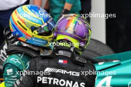 Lewis Hamilton (GBR) Mercedes AMG F1 celebrates his third position with second placed Fernando Alonso (ESP) Aston Martin F1 Team in parc ferme. 18.06.2023. Formula 1 World Championship, Rd 9, Canadian Grand Prix, Montreal, Canada, Race Day.