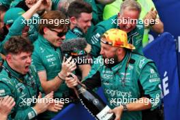 Aston Martin F1 Team celebrate second position for Fernando Alonso (ESP) Aston Martin F1 Team in parc ferme with the champagnr. 18.06.2023. Formula 1 World Championship, Rd 9, Canadian Grand Prix, Montreal, Canada, Race Day.