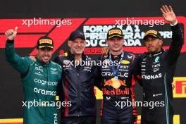 1st place Max Verstappen (NLD) Red Bull Racing RB19, 2nd place Fernando Alonso (ESP) Aston Martin F1 Team AMR23, 3rd place Lewis Hamilton (GBR) Mercedes AMG F1 W14 with Adrian Newey (GBR) Red Bull Racing Chief Technical Officer.  18.06.2023. Formula 1 World Championship, Rd 9, Canadian Grand Prix, Montreal, Canada, Race Day.