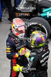 (L to R): Race winner Max Verstappen (NLD) Red Bull Racing celebrates with third placed Lewis Hamilton (GBR) Mercedes AMG F1 in parc ferme. 18.06.2023. Formula 1 World Championship, Rd 9, Canadian Grand Prix, Montreal, Canada, Race Day.