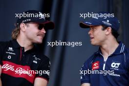 (L to R): Valtteri Bottas (FIN) Alfa Romeo F1 Team and Nyck de Vries (NLD) AlphaTauri on the FanZone Stage. 02.06.2023 Formula 1 World Championship, Rd 8, Spanish Grand Prix, Barcelona, Spain, Practice Day.