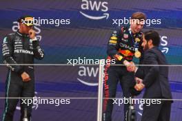 The podium (L to R): Lewis Hamilton (GBR) Mercedes AMG F1; race winner Max Verstappen (NLD) Red Bull Racing and Mohammed Bin Sulayem (UAE) FIA President on the podium. 04.06.2023. Formula 1 World Championship, Rd 8, Spanish Grand Prix, Barcelona, Spain, Race Day.